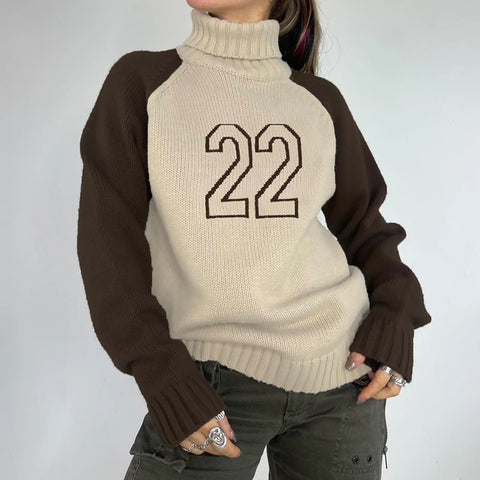 Brown Digital Pattern Turtleneck Pullover Sweater