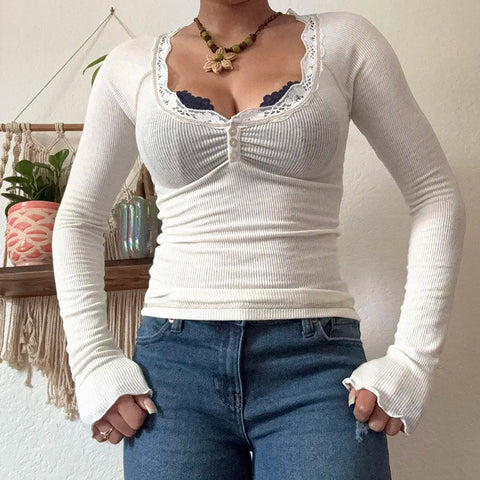 Grey Lace Trim Knitted V-Neck Top