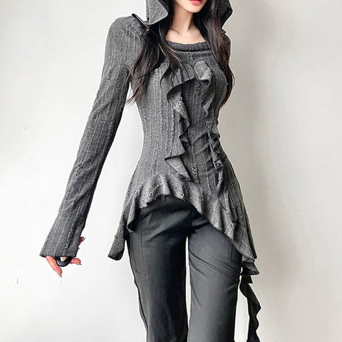 Gothic Ruffles Fringe Asymmetrical Hem Top