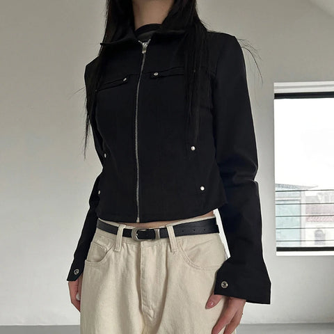 Gothic Black Zipper Up Buttons Coat