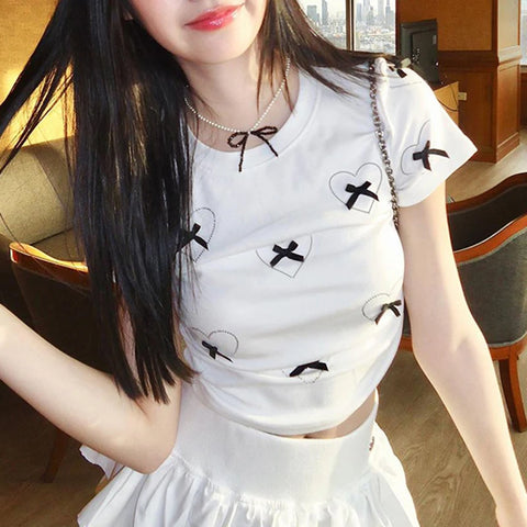 Sweet White Bow Heart Crop Top