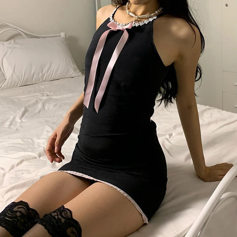 black-lace-bow-halter-backless-dress-2