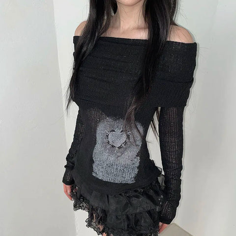 Printing Slash Neck Tierred Folds Slim Top