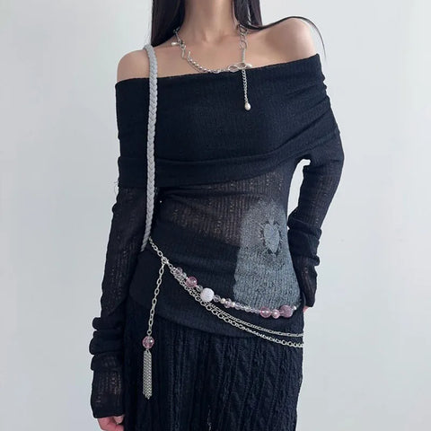 Printing Slash Neck Tierred Folds Slim Top