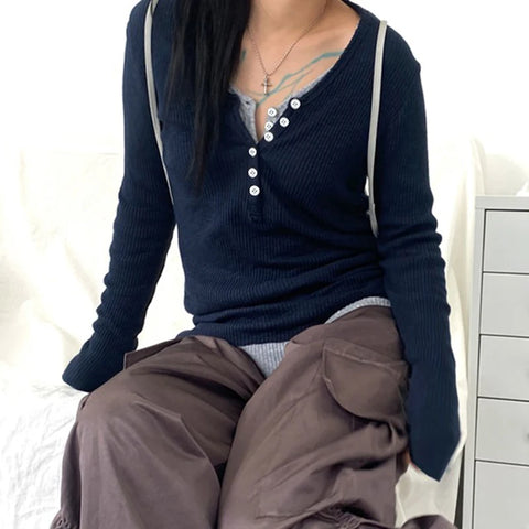 Casual Patchwork Slim Buttons Top