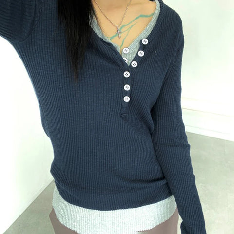 Casual Patchwork Slim Buttons Top