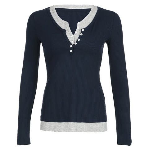 Casual Patchwork Slim Buttons Top