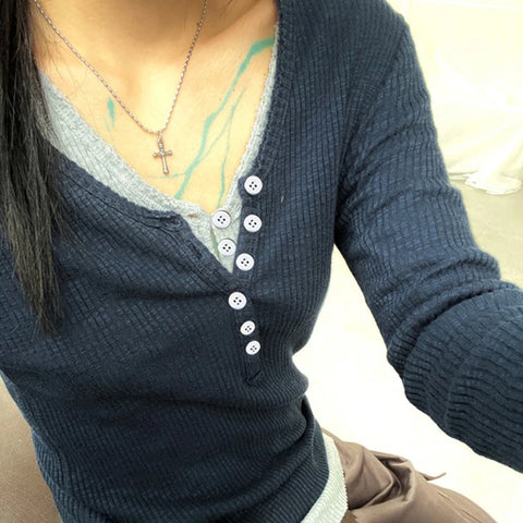 Casual Patchwork Slim Buttons Top