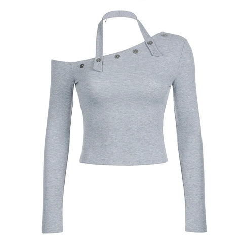 Solid Skew Collar Halter Buttons Top