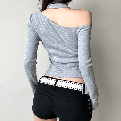 Solid Skew Collar Halter Buttons Top