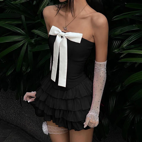 black-strapless-bow-ruffles-tiered-dress-3