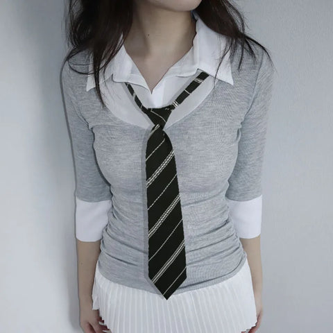 Grey Turn-Down Collar Two Piece  Color Top