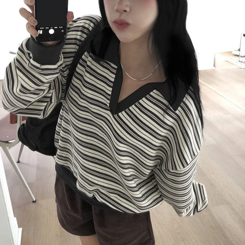 Preppy Striped Contrast Color Pullovers Top