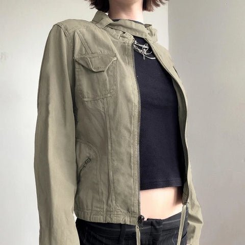 Casual Drawstring Zip-Up Cropped Jacket