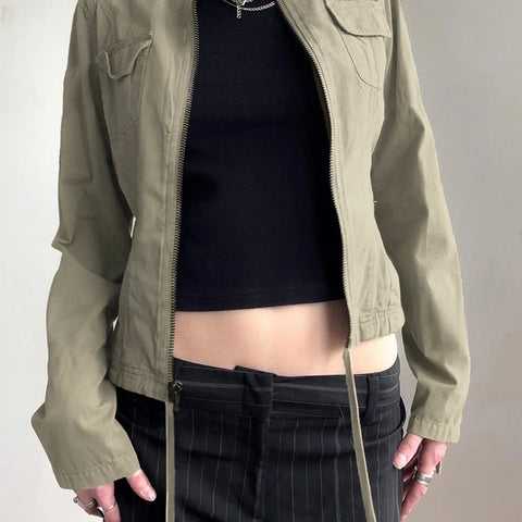Casual Drawstring Zip-Up Cropped Jacket