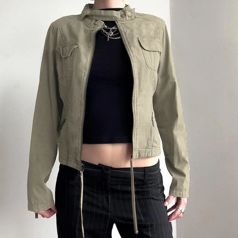 Casual Drawstring Zip-Up Cropped Jacket
