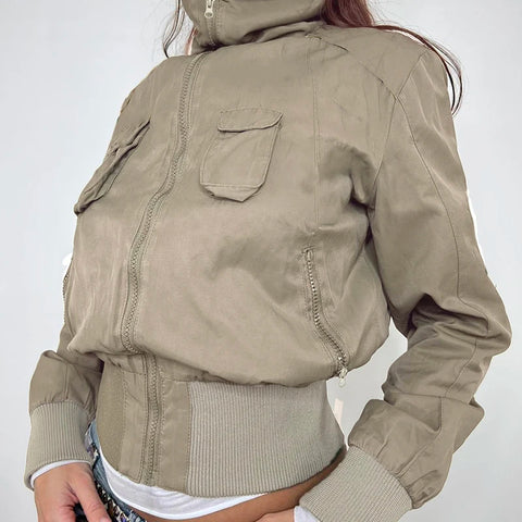 Khaki Pockets Zipper Up Jacket