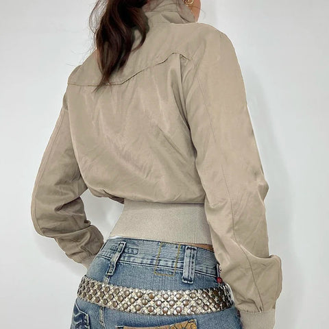 Khaki Pockets Zipper Up Jacket