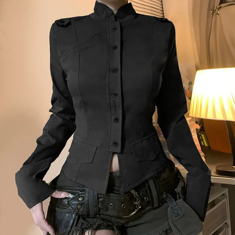 Stand Collar Buttons Pockets Coat