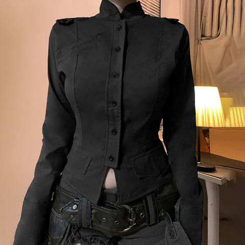 Stand Collar Buttons Pockets Coat