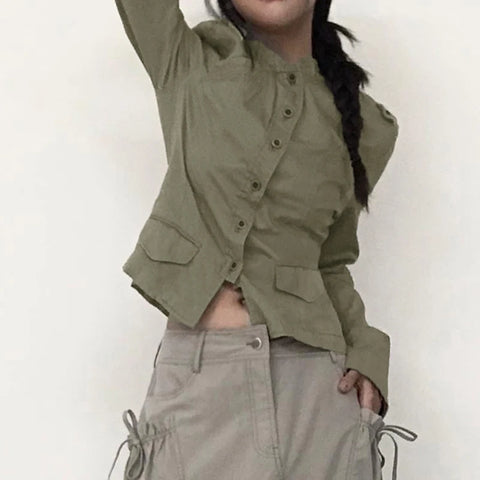 Stand Collar Buttons Pockets Coat