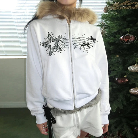 Gothic Star Rhinestone Zipper Up Coat