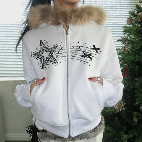 Gothic Star Rhinestone Zipper Up Coat