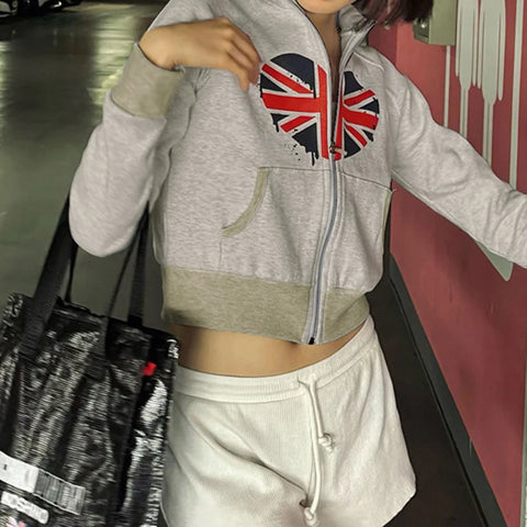 Grey Graphic Print Zipper High Waist Coat