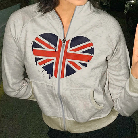 Grey Graphic Print Zipper High Waist Coat