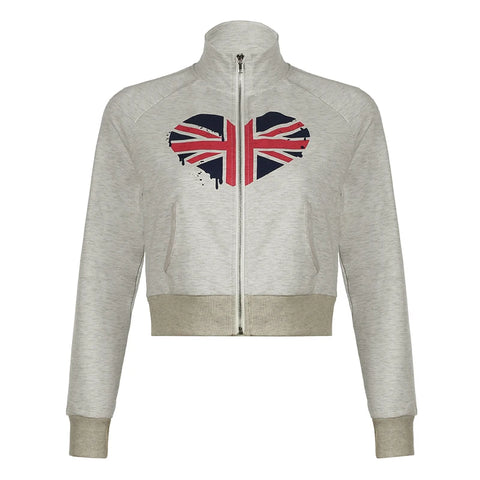 Grey Graphic Print Zipper High Waist Coat