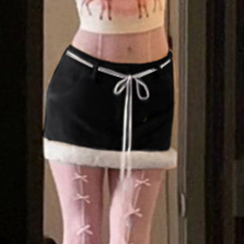 Cute Faux Fur Trim Lace-Up Mini Skirt