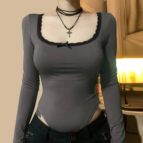 Square Neck Lace Patchwork Bodysuit