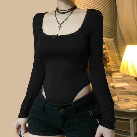 Square Neck Lace Patchwork Bodysuit