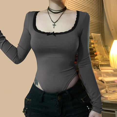 Square Neck Lace Patchwork Bodysuit