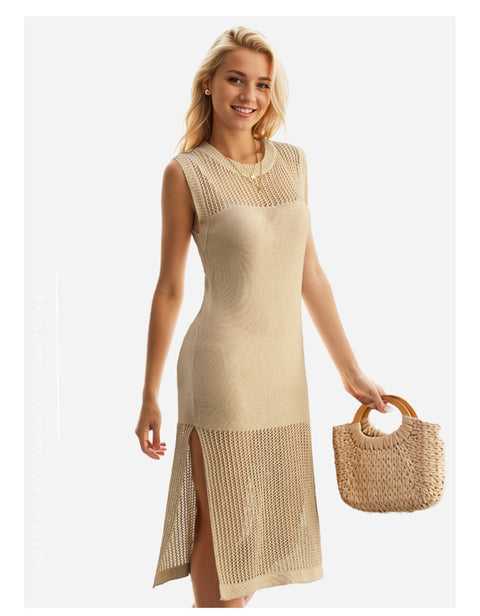 solid-color-hollow-knit-sleeves-dress-2