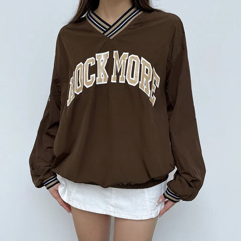 Brown Stripe Loose Letter Print Hoodie-2