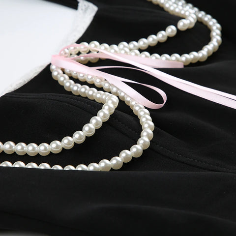 Design Pearls Satin Lace Trim Bow Top