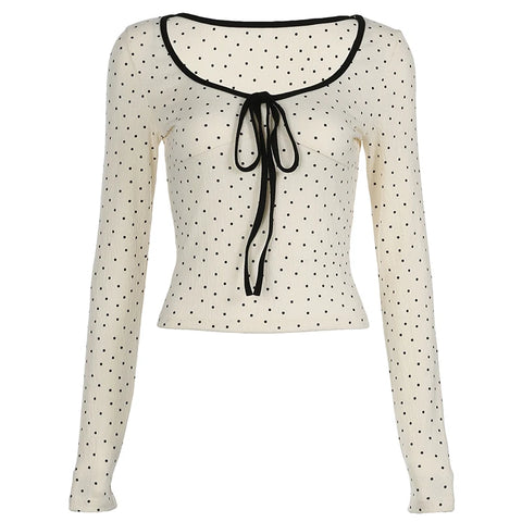 Cute Polka Dot Printed Lace-Up Long Sleeve Top