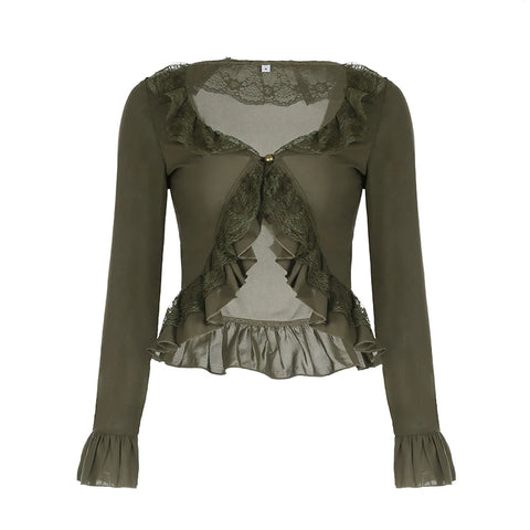 Casual Textured Ruffles Cardigan Chiffon Patchwork Top