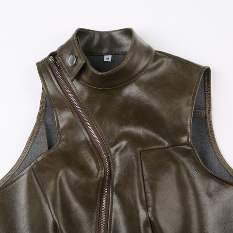 Brown Zipper Sleeveless Leather Top