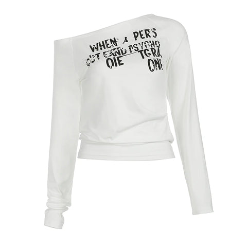 White Letter Print Skew Collar Knitted Top
