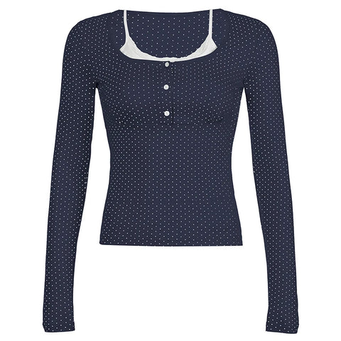 Cute Polka Dot Print Lace Patchwork Top