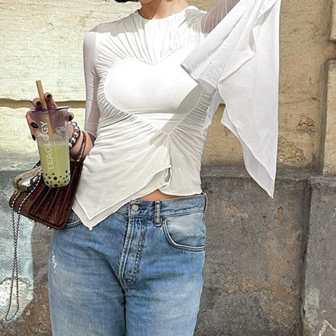 white-irregular-flare-sleeve-mesh-skinny-heart-shape-top-3