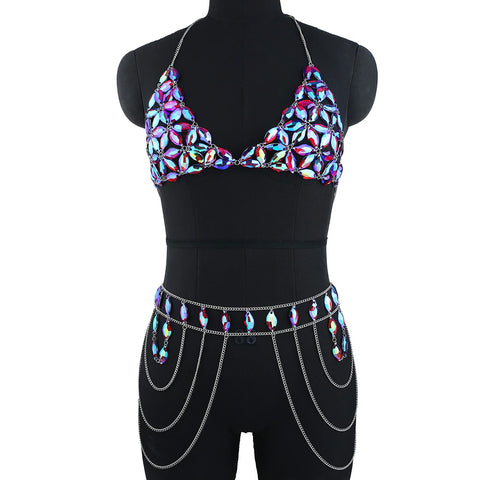 Boho Crystal Tassel Bikini Set Beach Bra Chain