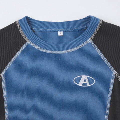 casual-blue-black-stitched-patchwork-short-sleeve-top-6