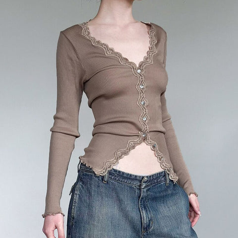 khaki-v-neck-knitted-lace-trim-long-sleeve-top-3
