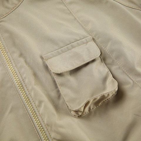 Khaki Pockets Zipper Up Jacket