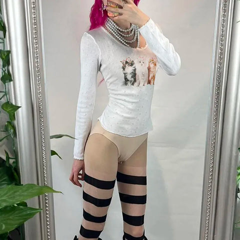 white-cute-cat-print-knit-lace-trim-top-2