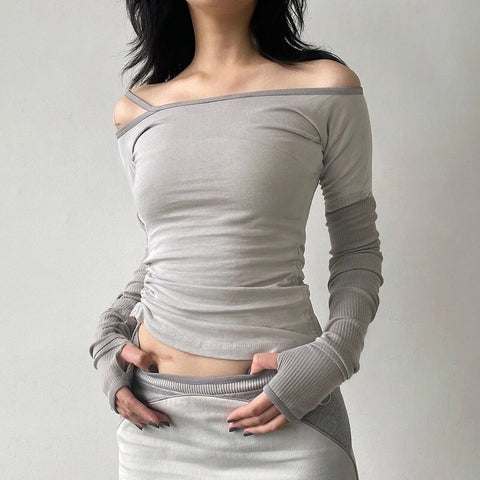 retro-skinny-drawstring-patchwork-off-shoulder-top-2