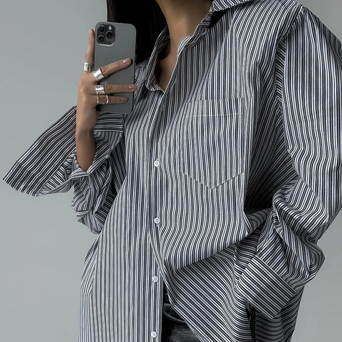 Grey Striped Long Sleeves Oversized Shirts